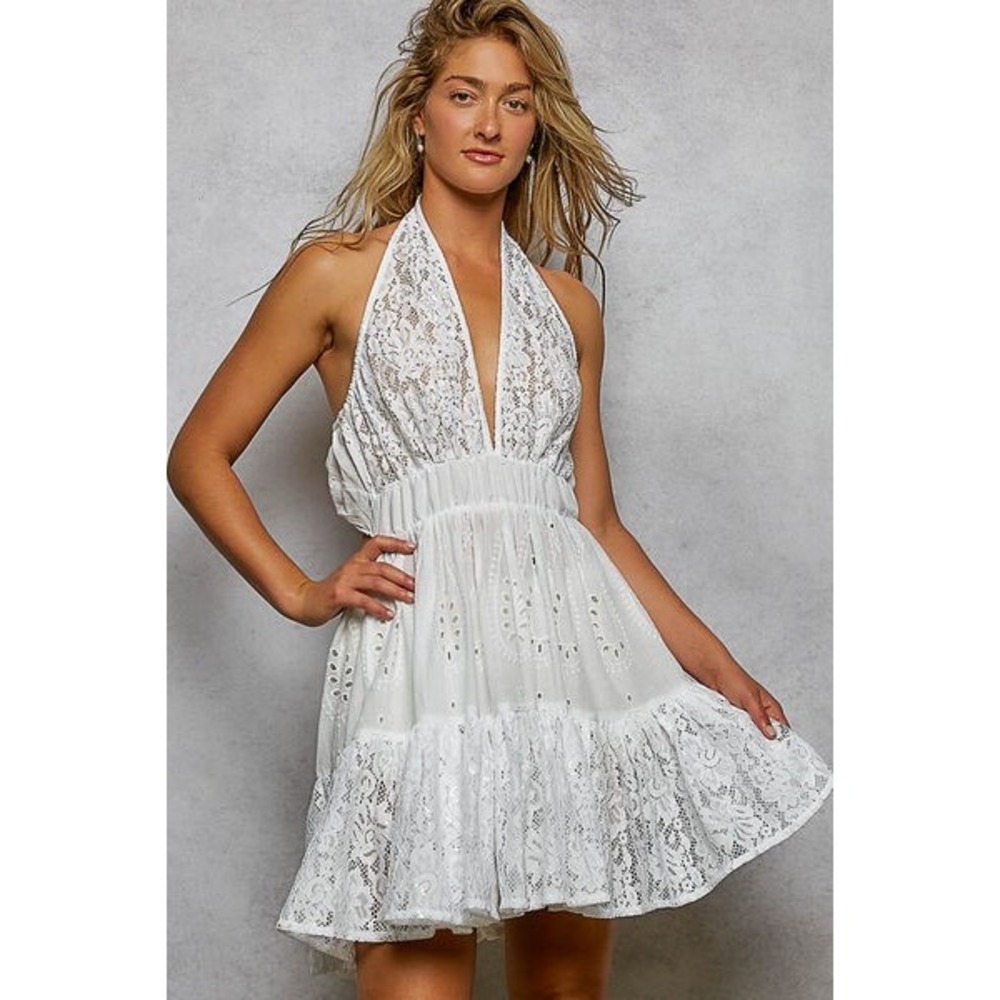 POL Halter Lace‎ Patch Ruffle Mini Dress with Adjustable Tie on Back